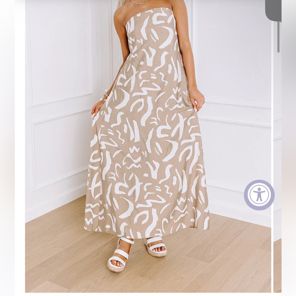 Tan and White Strapless A-Line Maxi Dress for Resort Wear